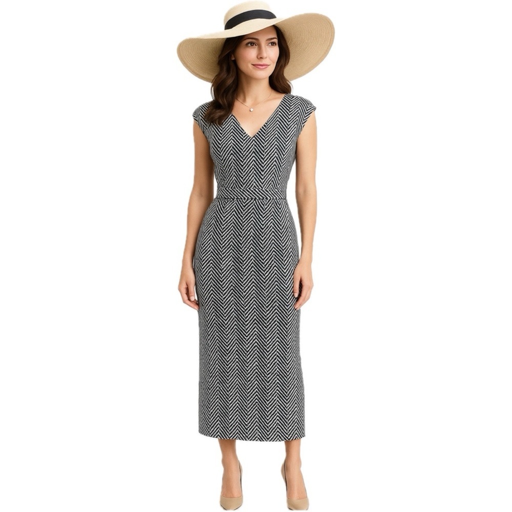 Talbots Maxi Dress Sleeveless V Neck Herringbone Chevron Stripe Blue White Large